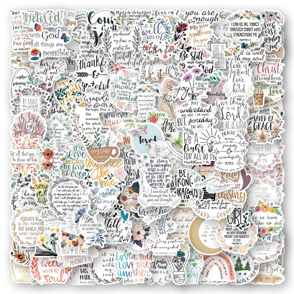 Collection of various stickers with motivational phrases and designs on a white background