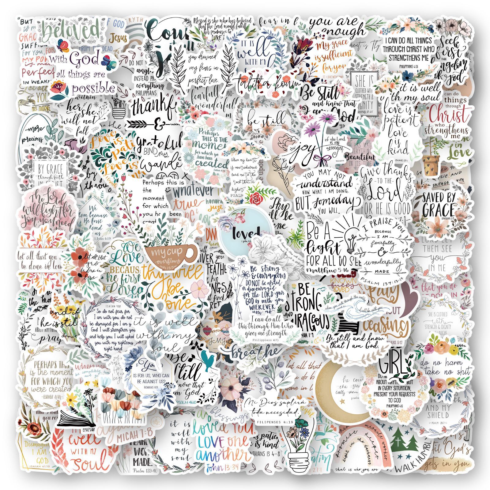 Collection of various stickers with motivational phrases and designs on a white background