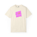 Beige t-shirt with colorful text design on a white background
