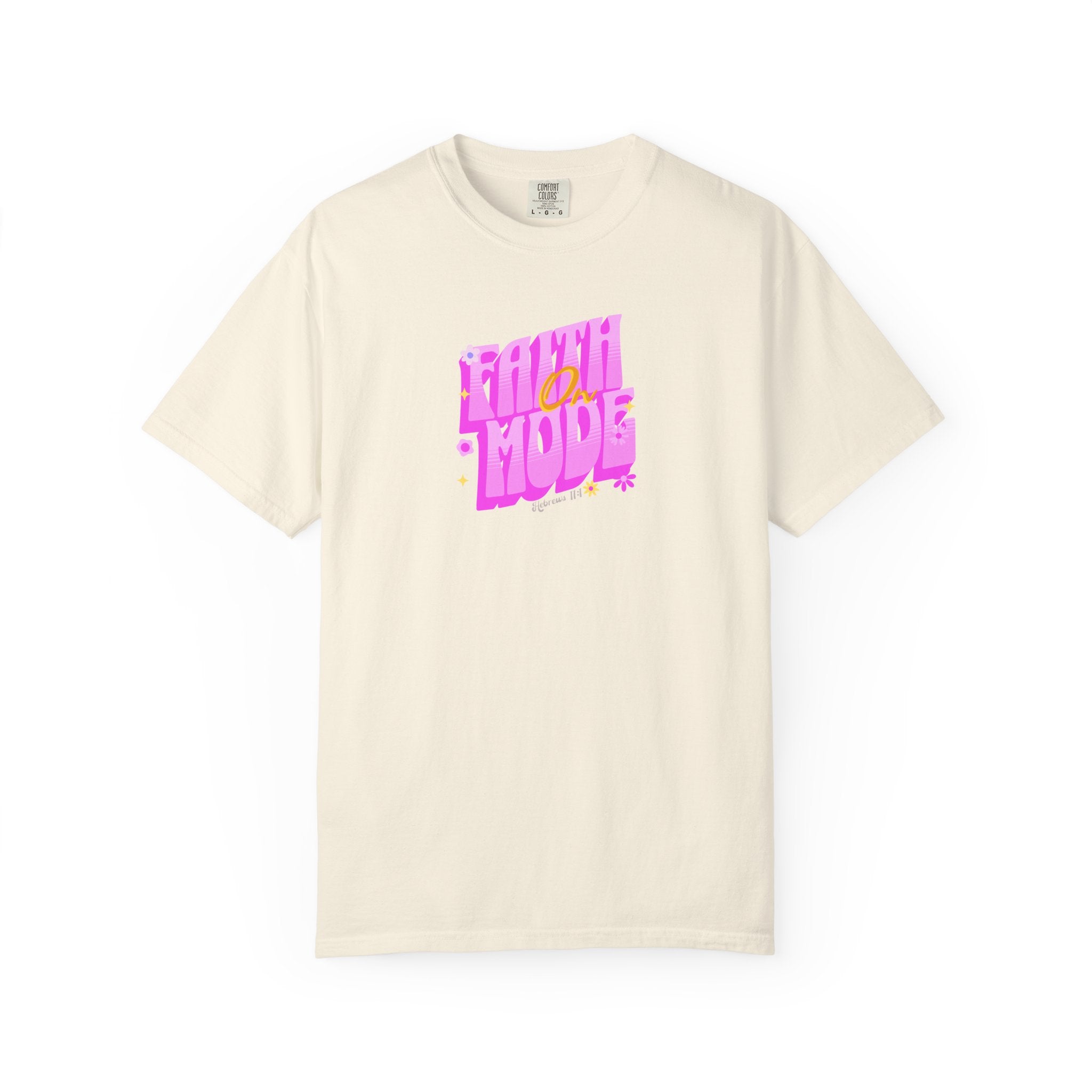 Beige t-shirt with colorful text design on a white background