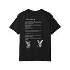 Black t-shirt with white text and graphics on a white background