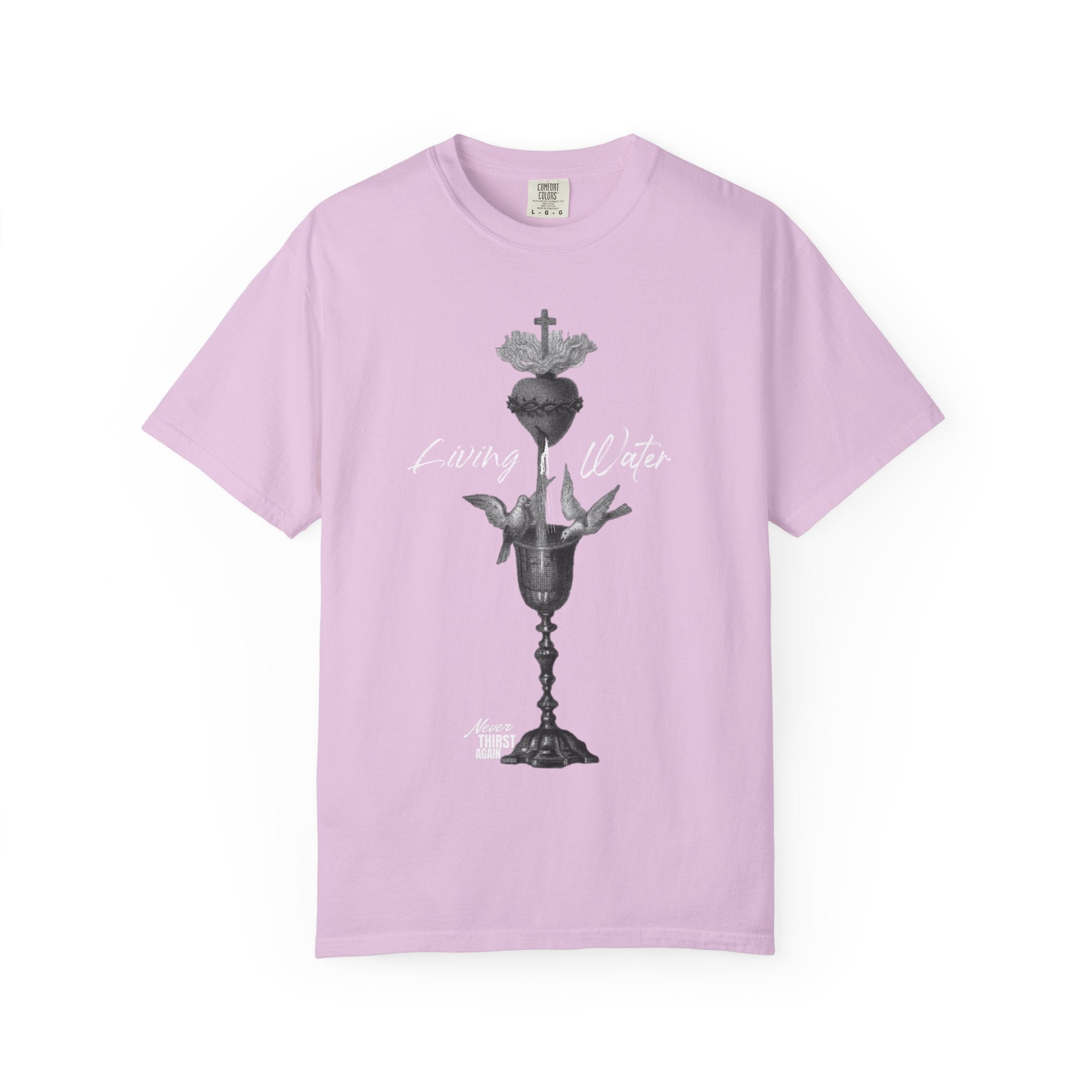 Light purple t-shirt with a graphic design on a white background