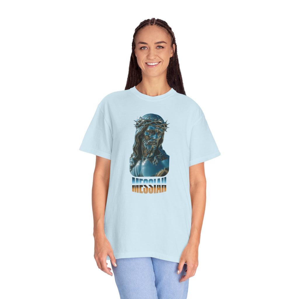 Person wearing a light blue t-shirt with a graphic design and text on a white background