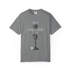 Green t-shirt with text and symbols on a white background