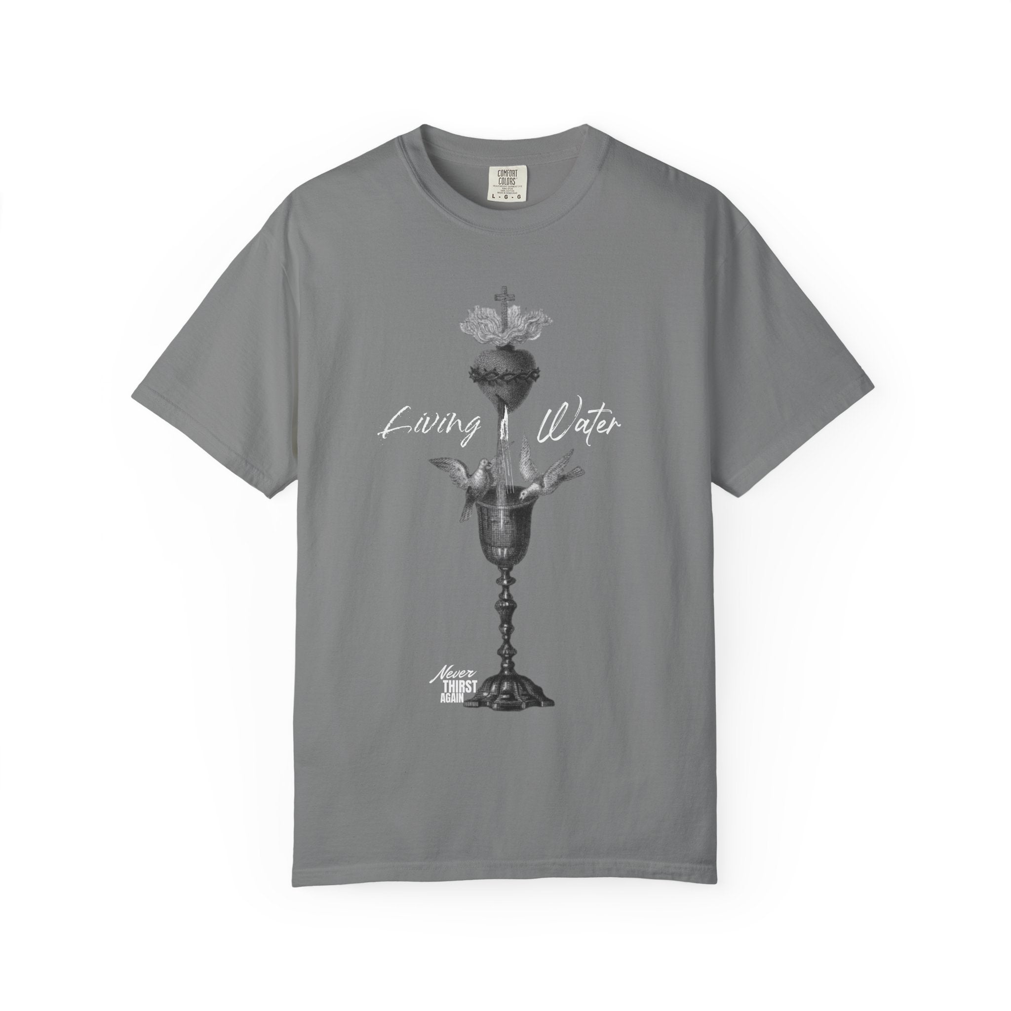 Green t-shirt with text and symbols on a white background