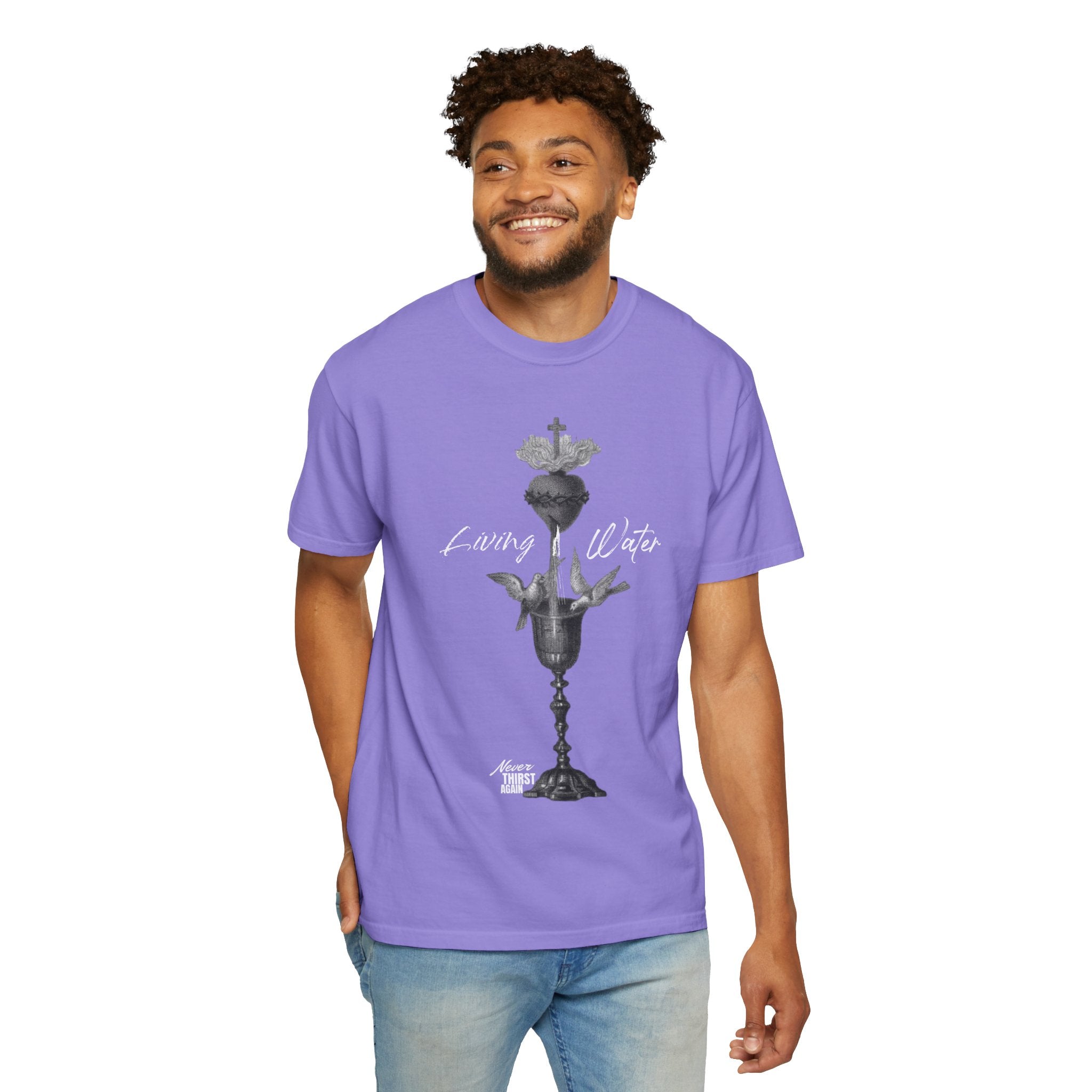 Man wearing a purple t-shirt with a graphic design on a white background