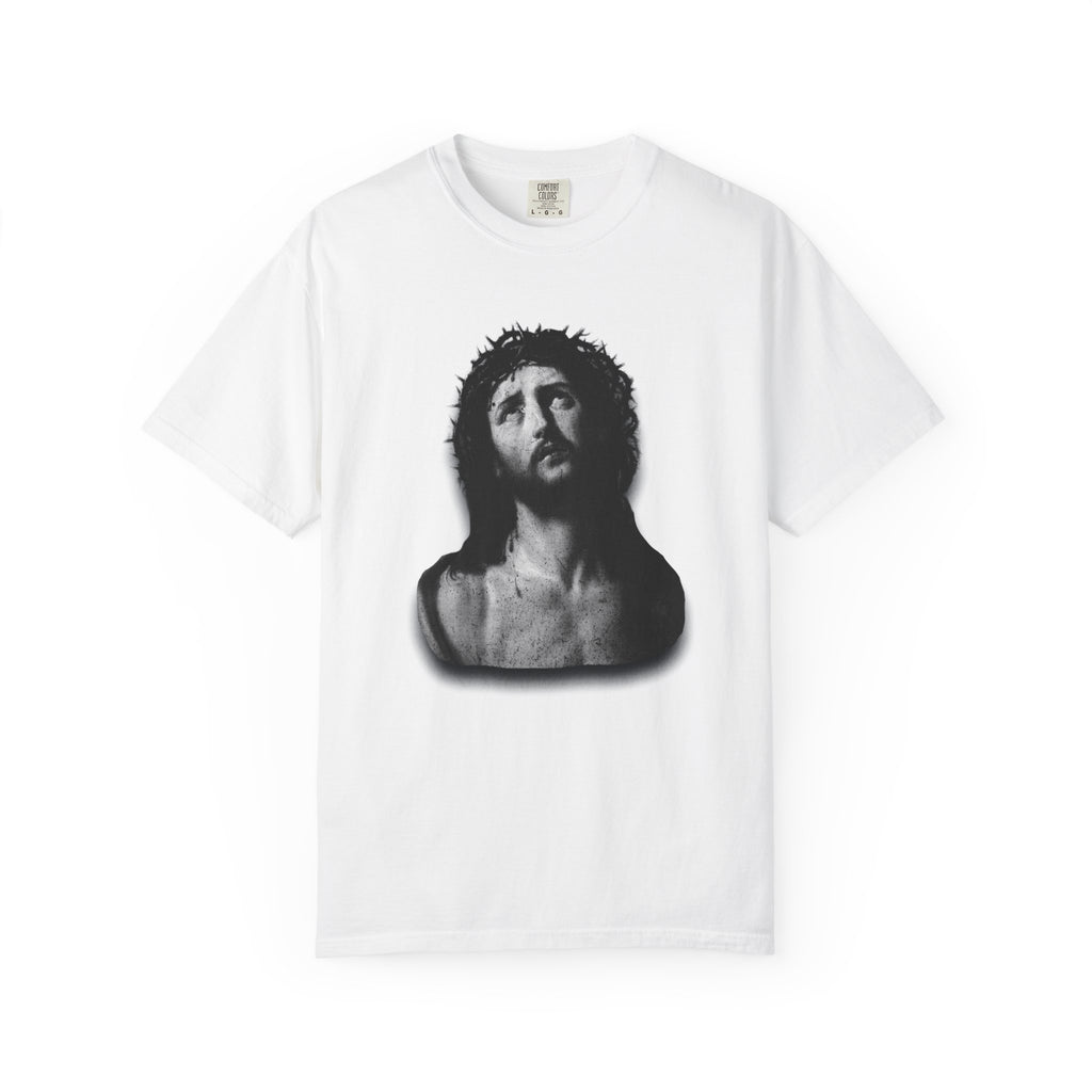 White t-shirt with a black and white graphic of a face on a white background