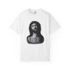 White t-shirt with a black and white graphic of a face on a white background
