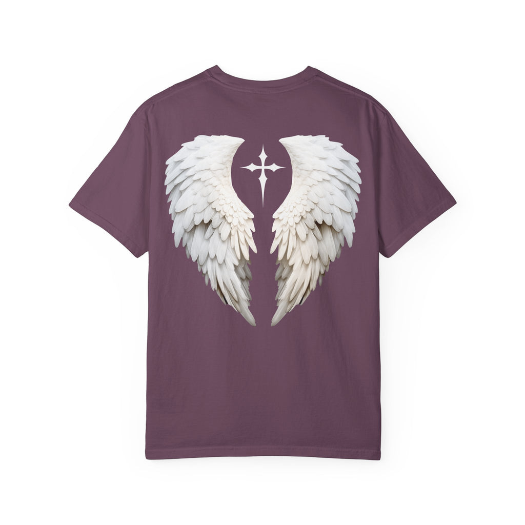 Gray t-shirt with white angel wings and a cross design on the back against a white background