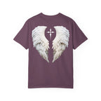 Gray t-shirt with white angel wings and a cross design on the back against a white background
