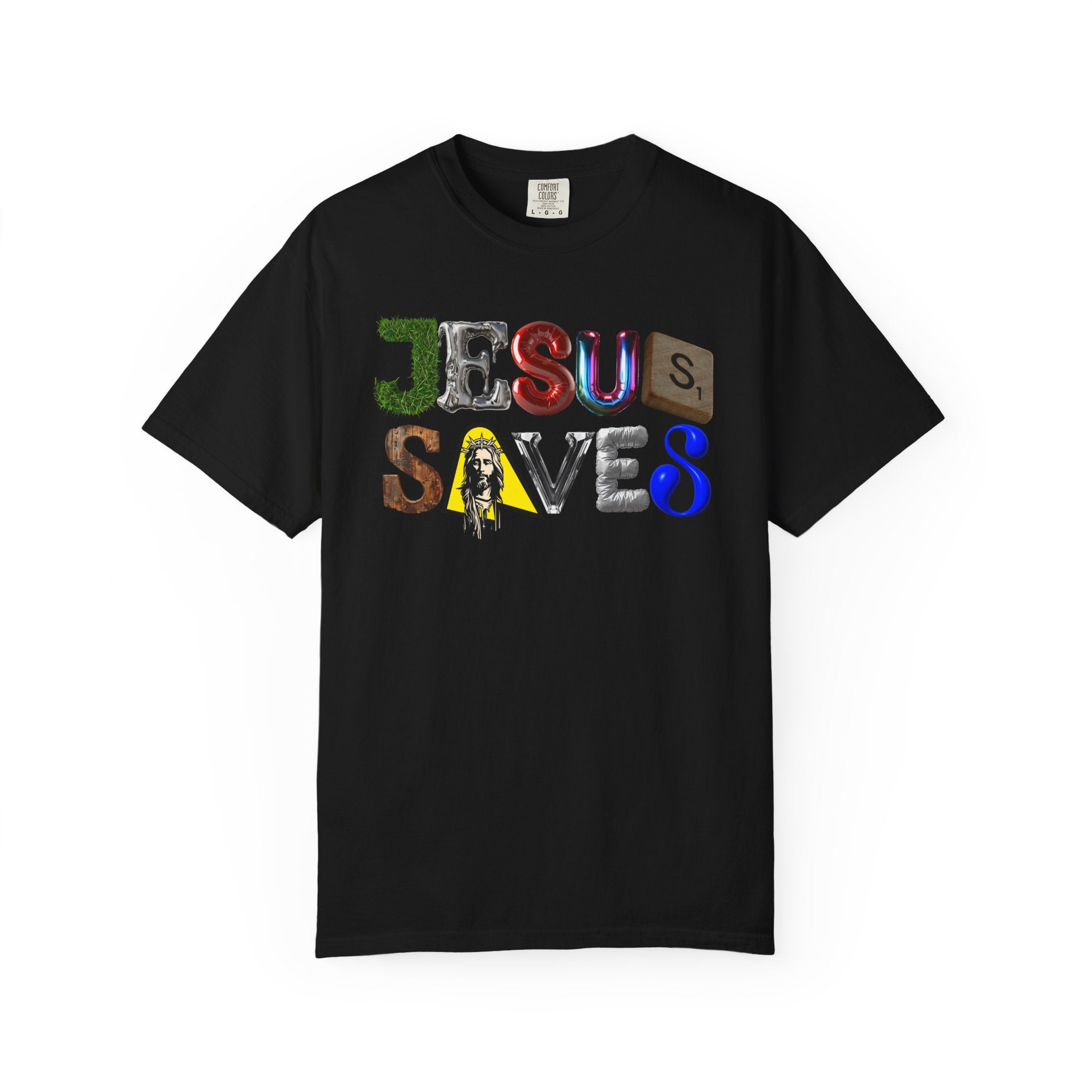 Black t-shirt with 'Jesus Saves' text design on a white background