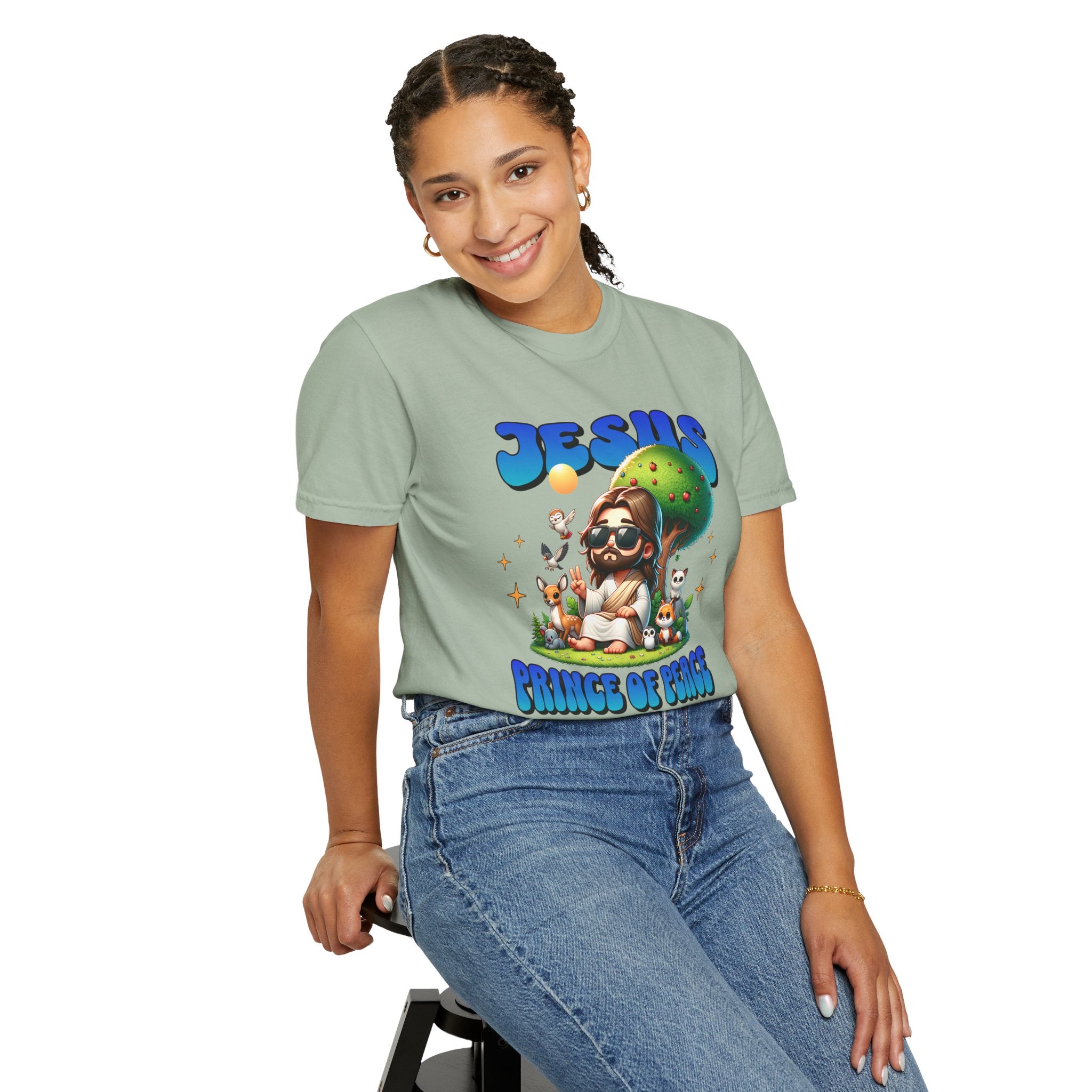 Person wearing a t-shirt with a colorful graphic design on a white background