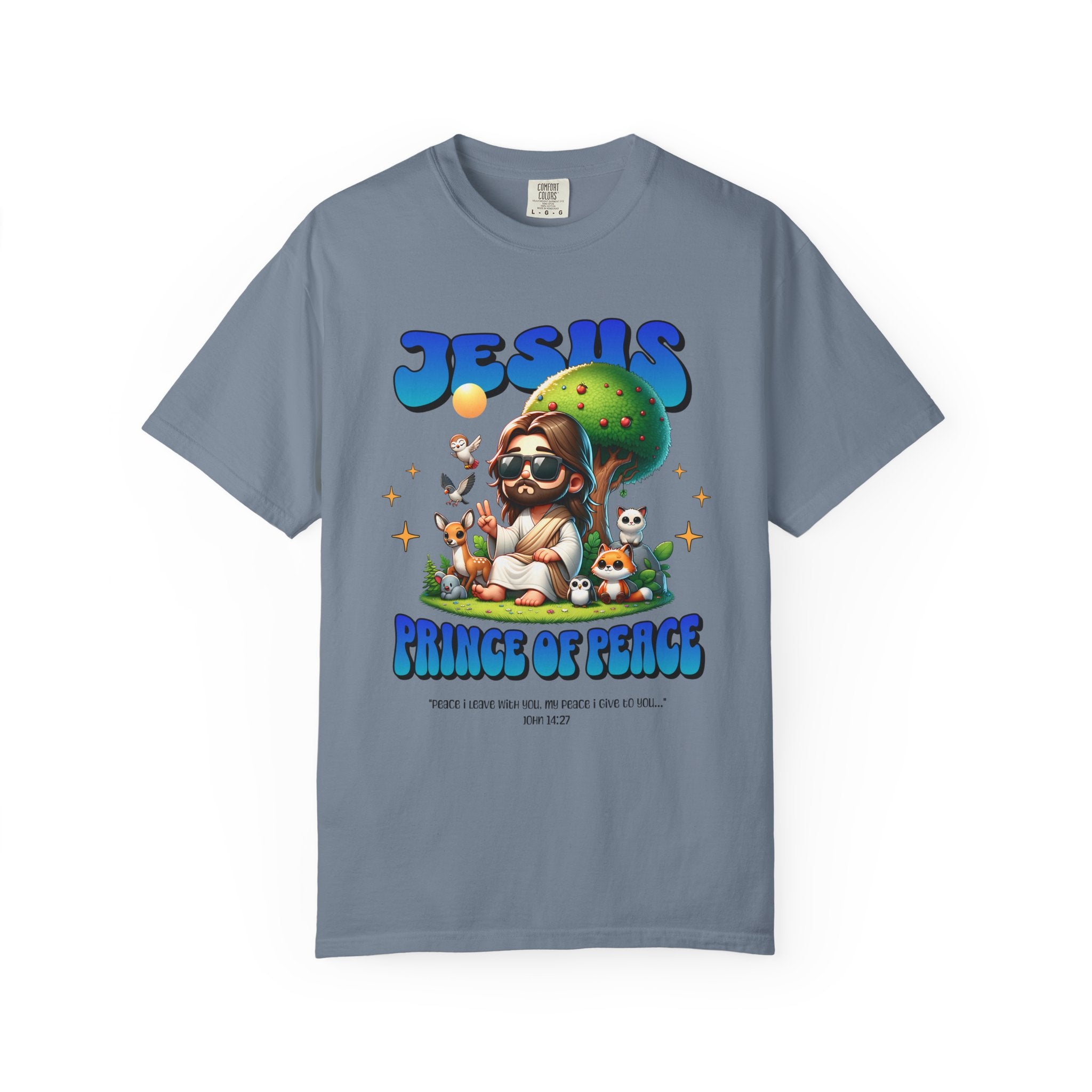 Gray t-shirt with 'Jesus Prince of Peace' graphic design on a white background