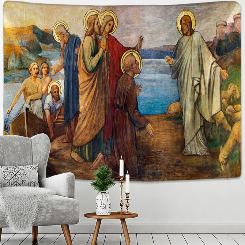 Large religious mural on a wall above a gray armchair and small table with decorative items.