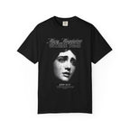 Black t-shirt with a graphic of a face and text on a white background