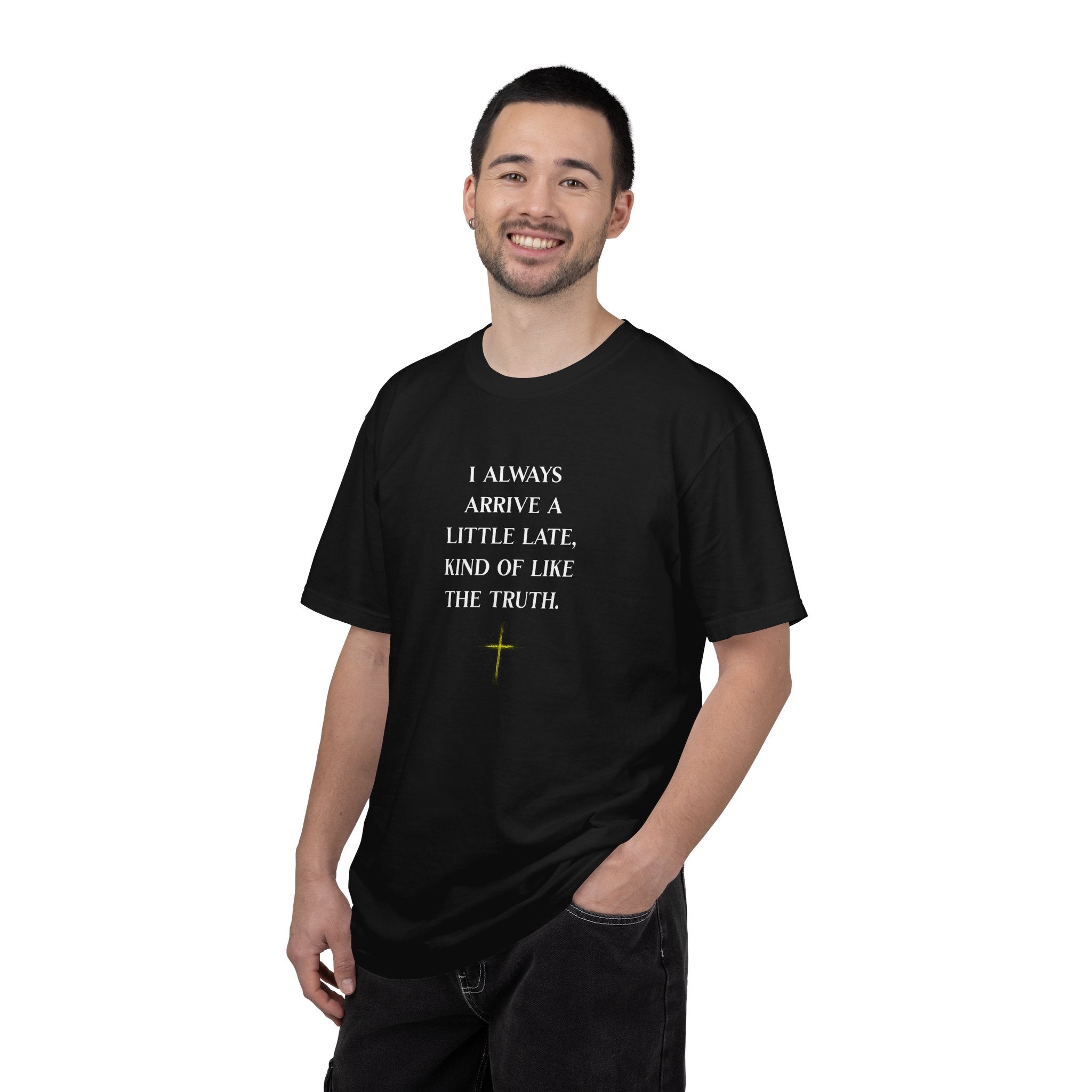 Man wearing a black t-shirt with 'garlic in my pores.' text on a white background