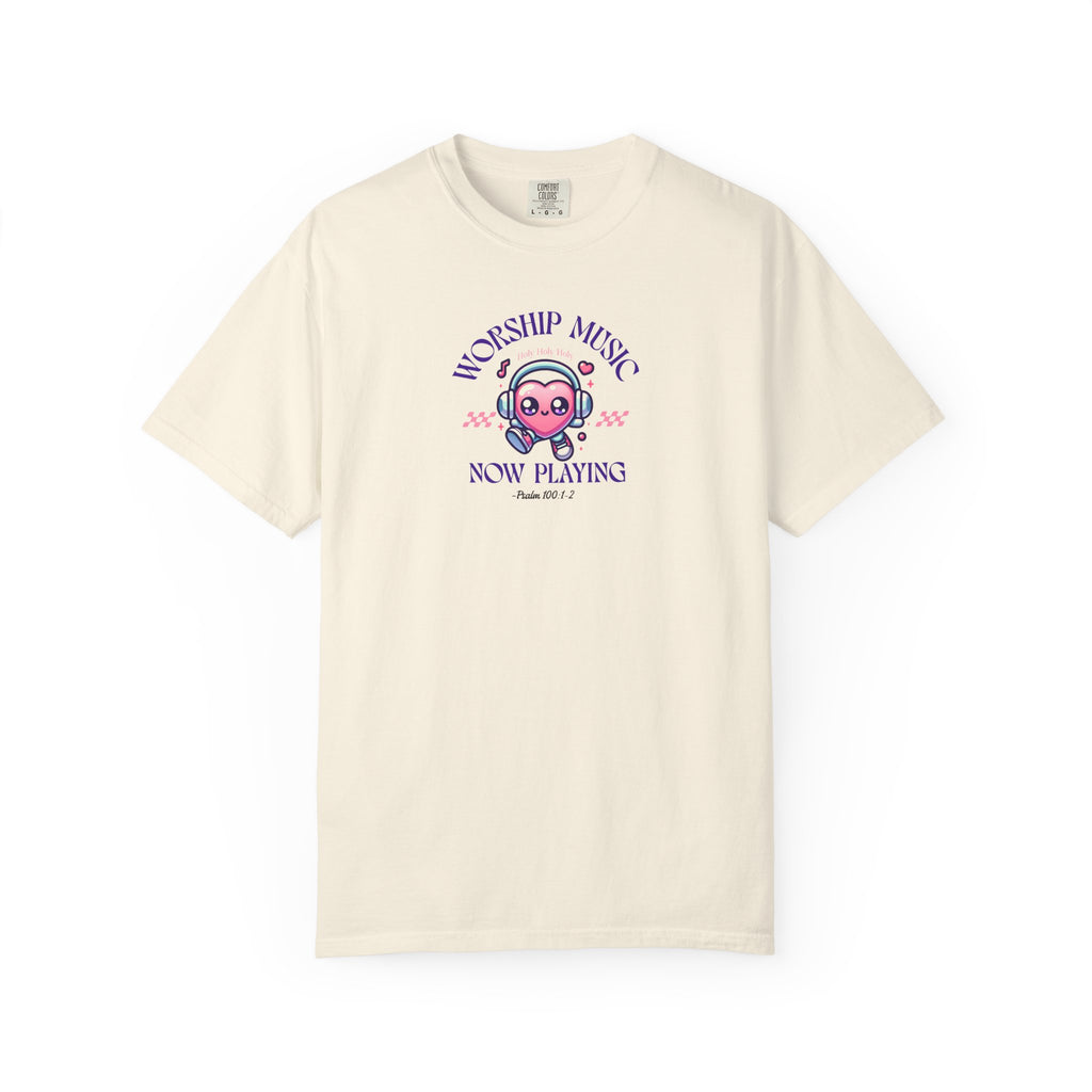 Beige t-shirt with a graphic design on a white background