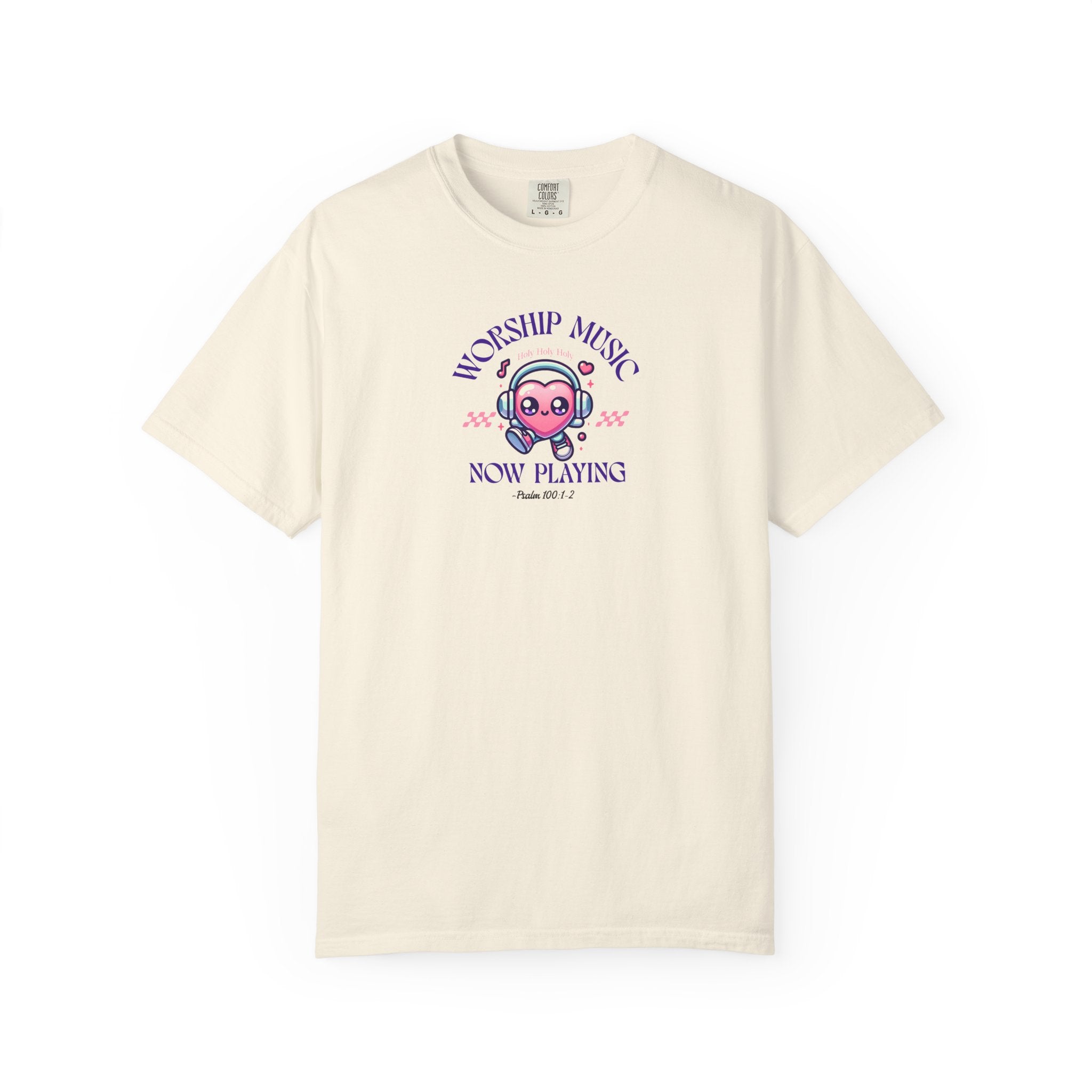 Beige t-shirt with a graphic design on a white background