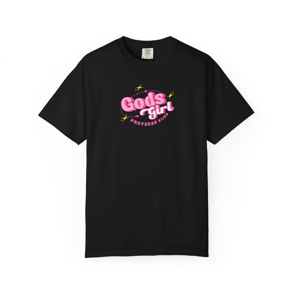 Black t-shirt with a small gold logo on a white background