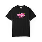 Black t-shirt with a small gold logo on a white background