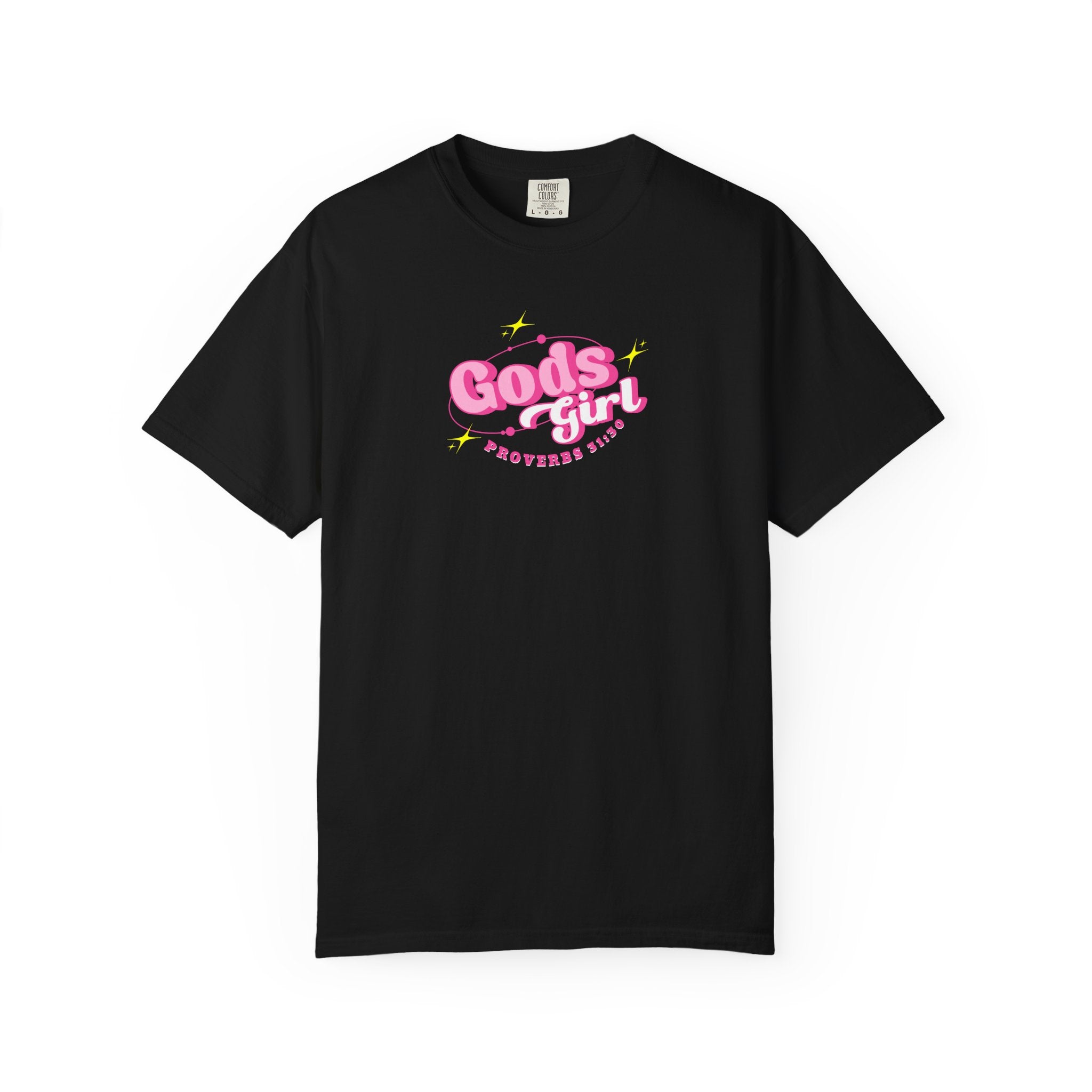 Black t-shirt with a small gold logo on a white background