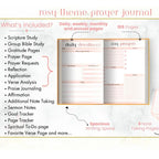 Rosy-themed prayer journal with features listed on a white background