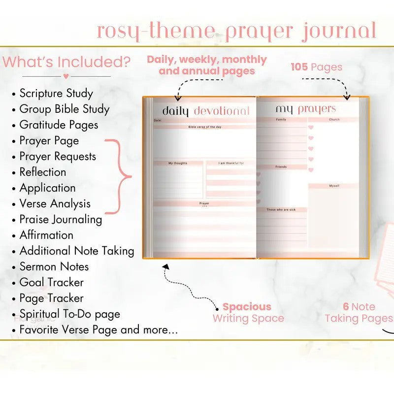 Rosy-themed prayer journal with features listed on a white background