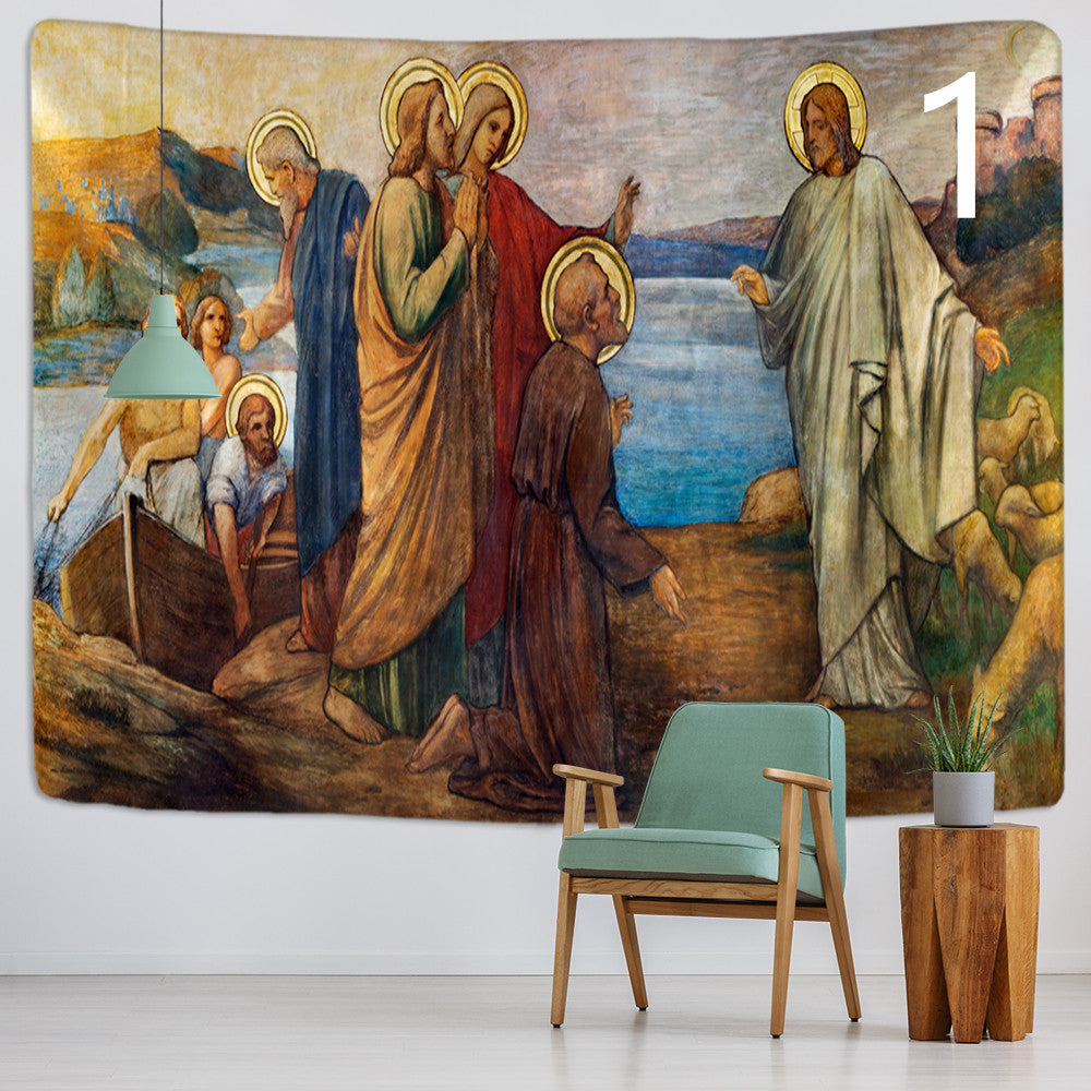 Framed religious painting with a chair and table in front