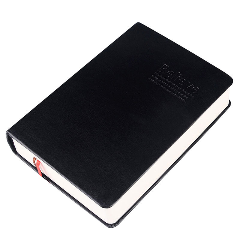Black notebook with a visible brand logo on a white background