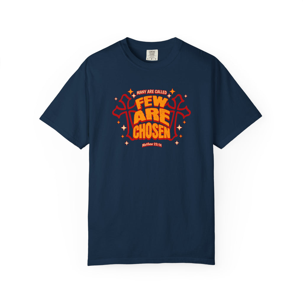 Navy blue t-shirt with red and yellow text and graphics on a white background