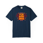 Navy blue t-shirt with red and yellow text and graphics on a white background