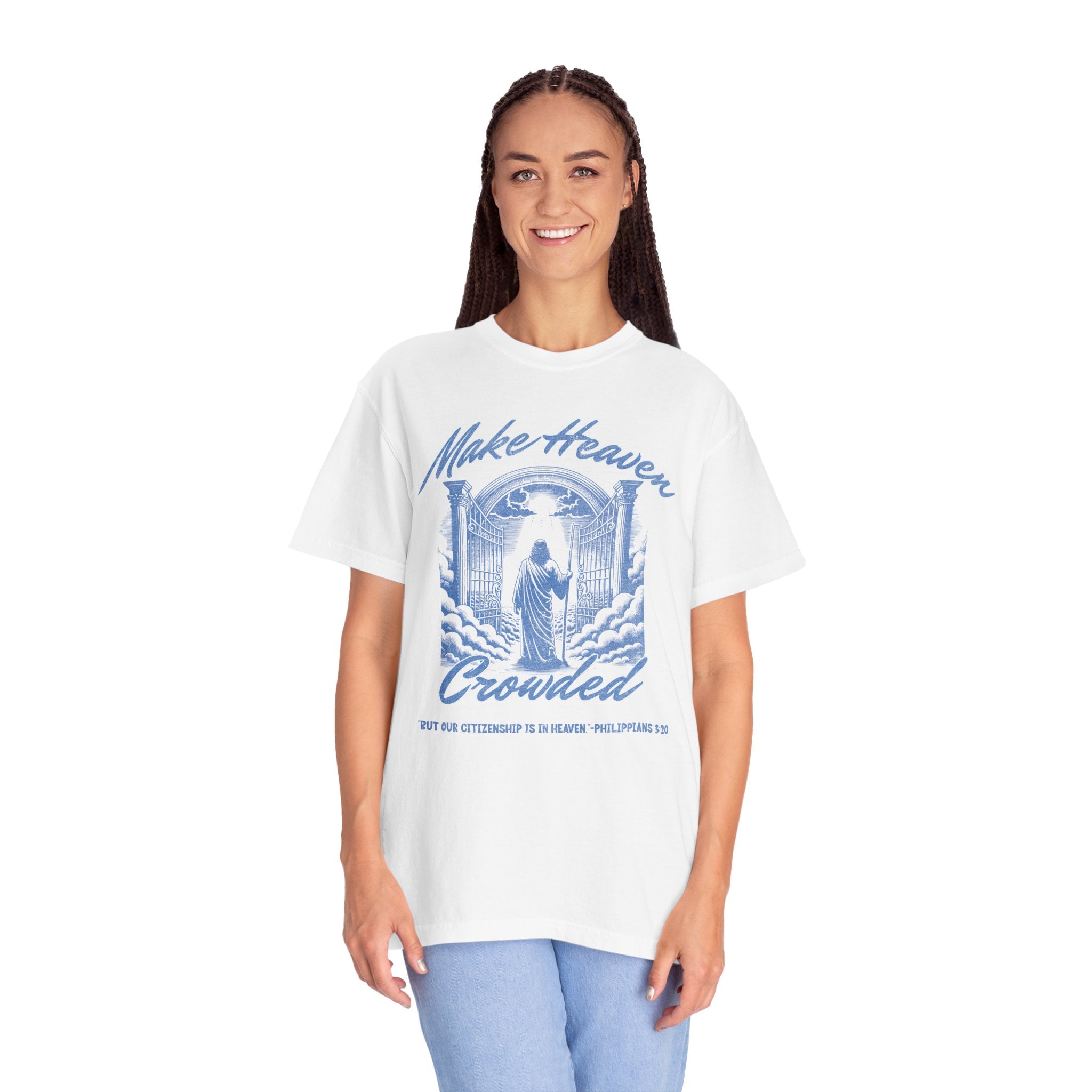 Woman wearing a white t-shirt with a blue graphic and text on a white background