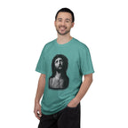 Man wearing a teal t-shirt with a graphic design on a white background