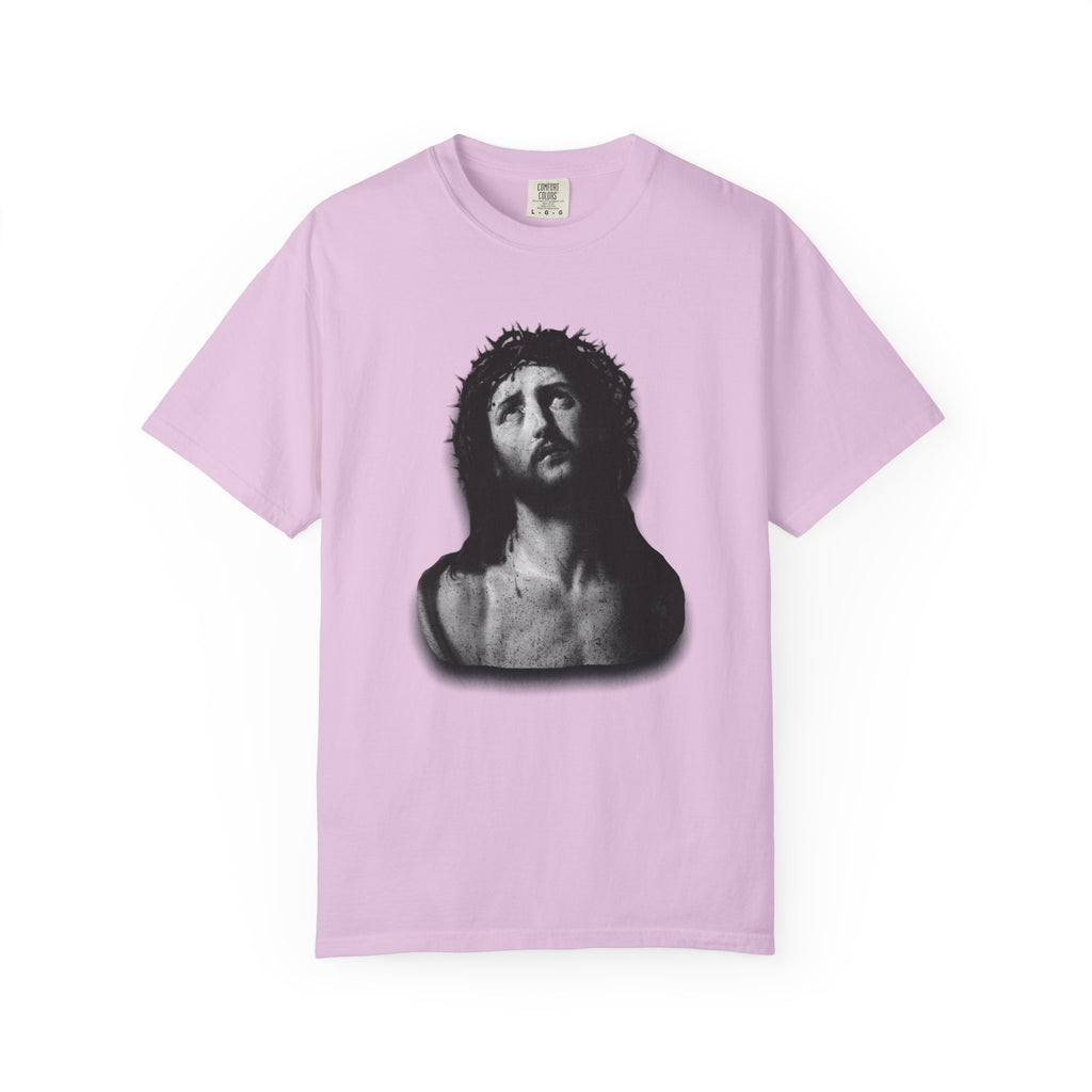 Pink t-shirt with a black and white graphic on a white background