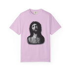 Pink t-shirt with a black and white graphic on a white background