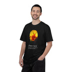 Man wearing a black t-shirt with a graphic design and text on a white background