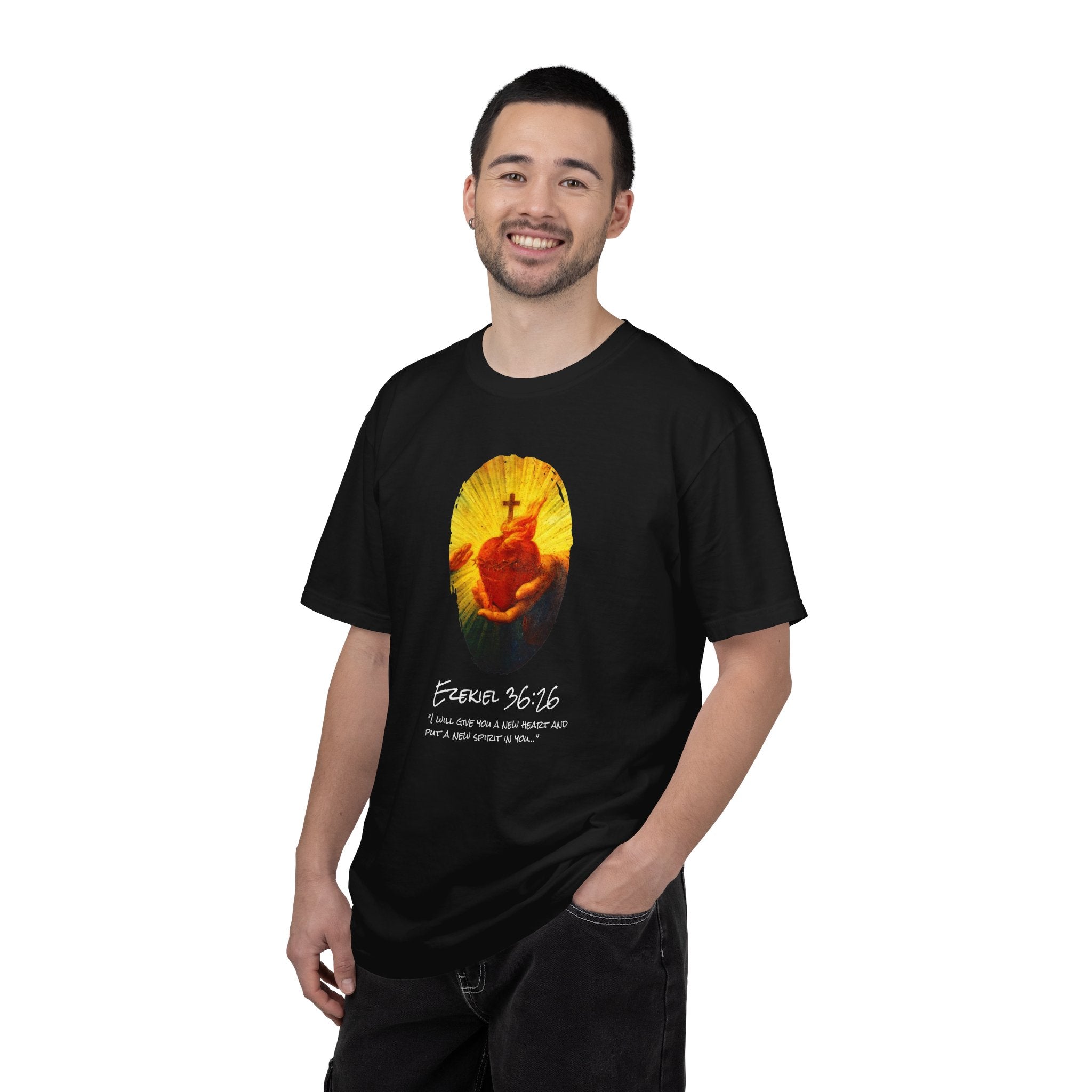 Man wearing a black t-shirt with a graphic design and text on a white background