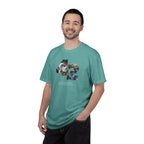 Man wearing a teal t-shirt with a graphic design on a white background