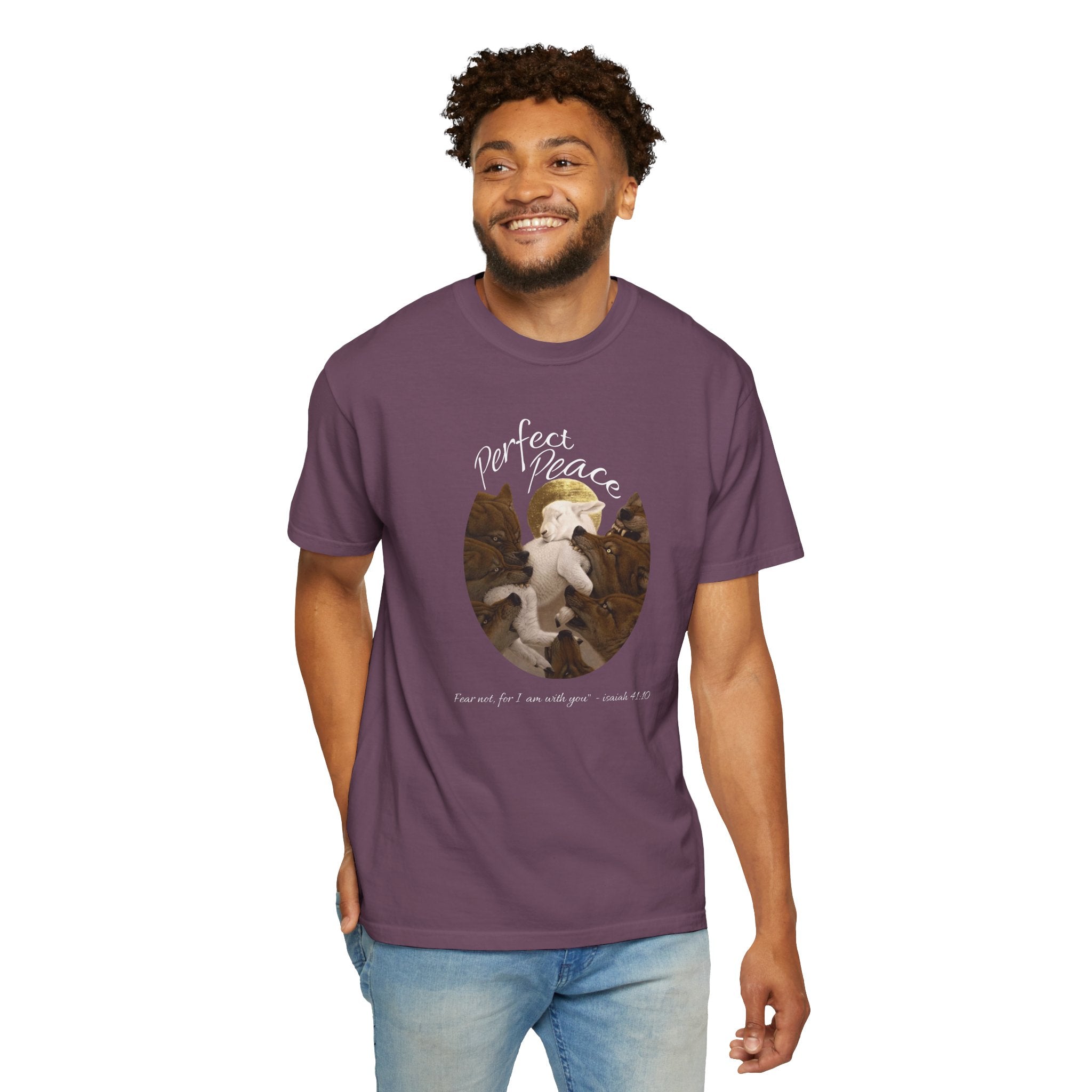 Man wearing a purple t-shirt with a graphic design on a white background