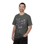 Man wearing a gray t-shirt with graphic design on a white background