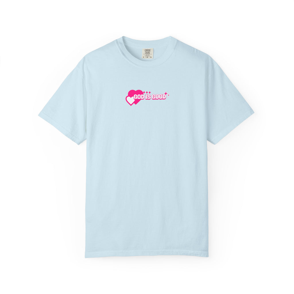 Light blue t-shirt with a pink logo on a white background