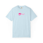 Light blue t-shirt with a pink logo on a white background