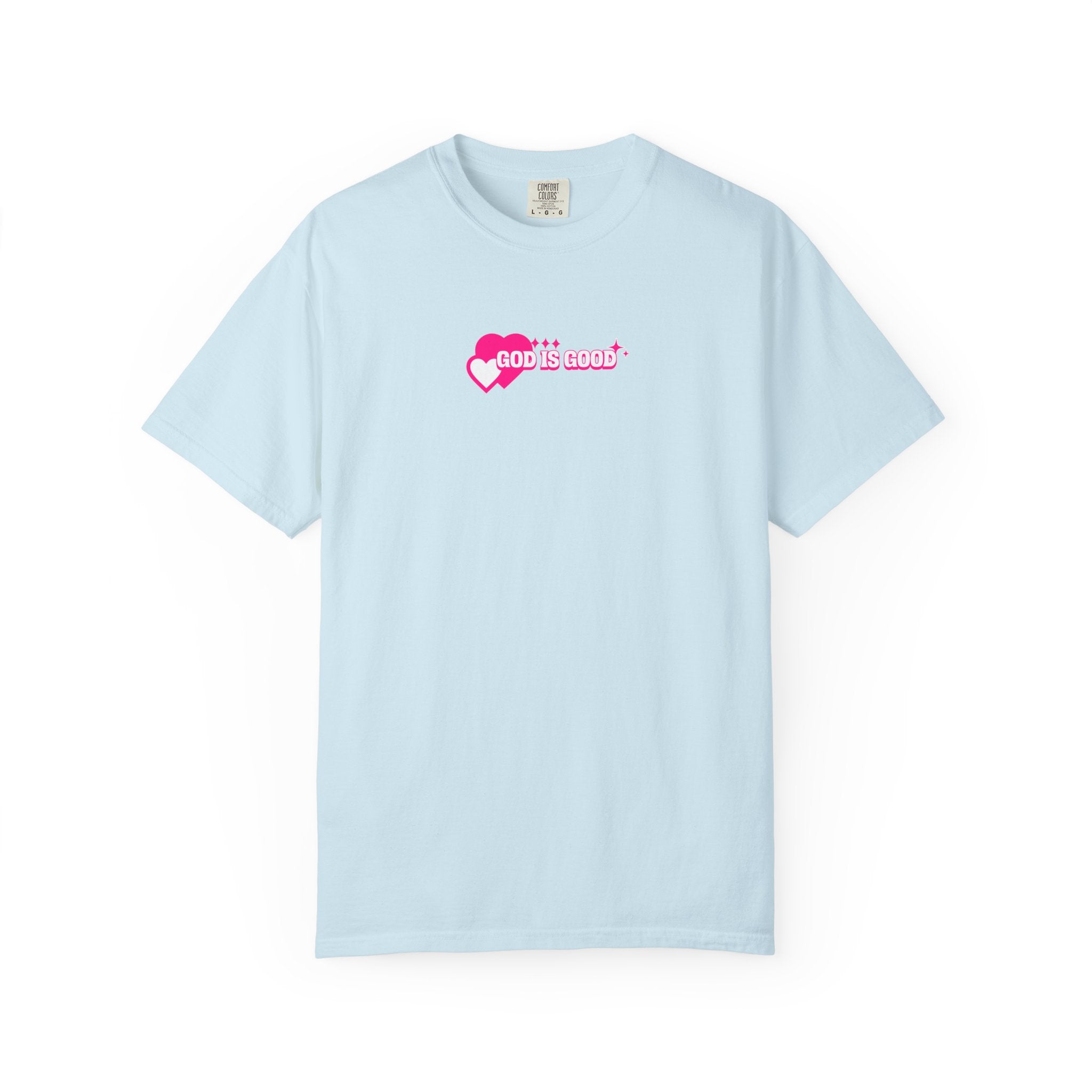 Light blue t-shirt with a pink logo on a white background