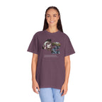 Woman wearing a purple t-shirt with colorful text design on a white background