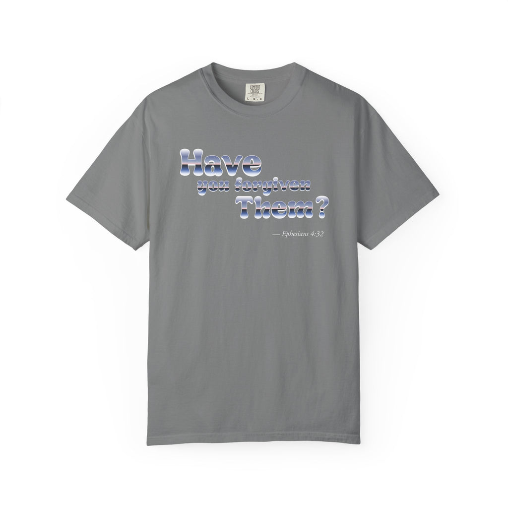 Gray t-shirt with text on a white background