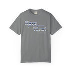 Gray t-shirt with text on a white background