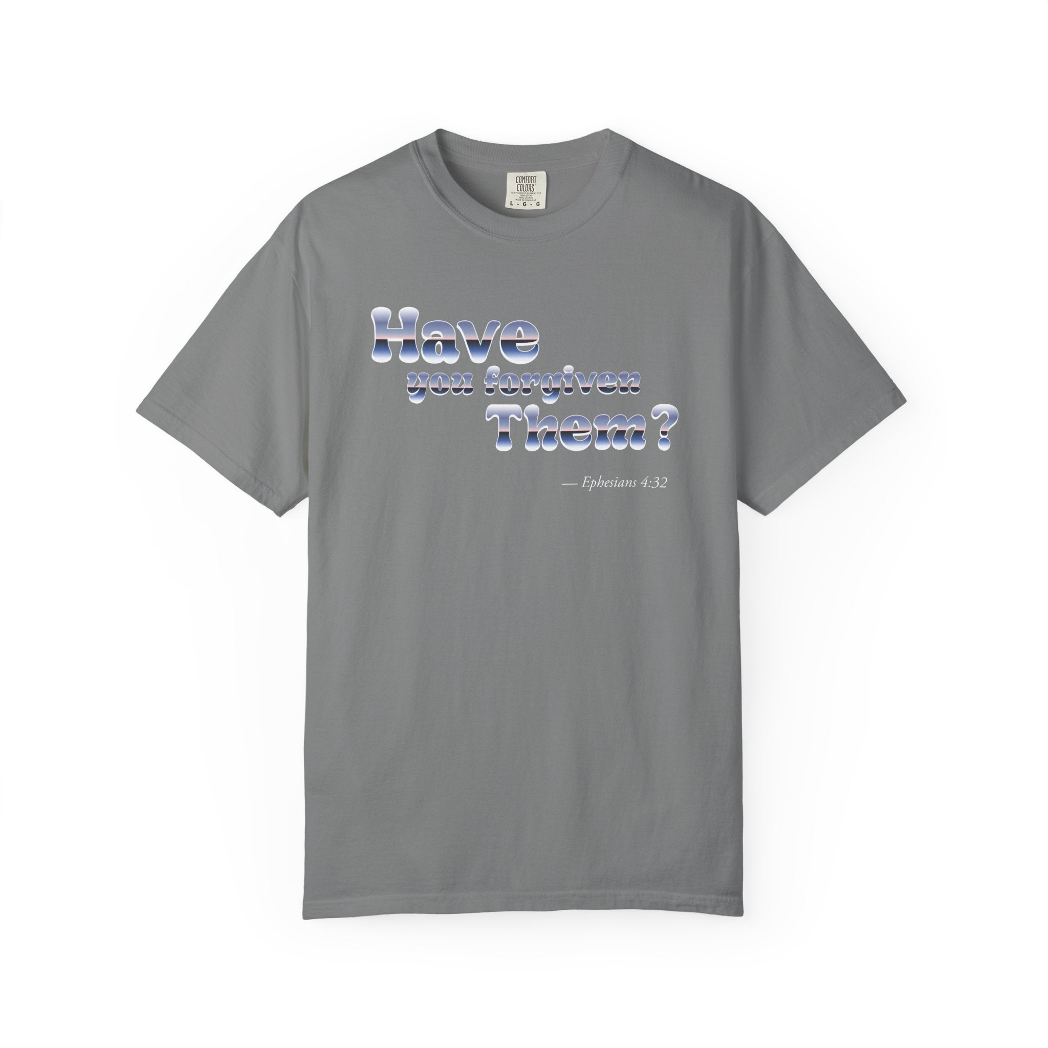 Gray t-shirt with text on a white background