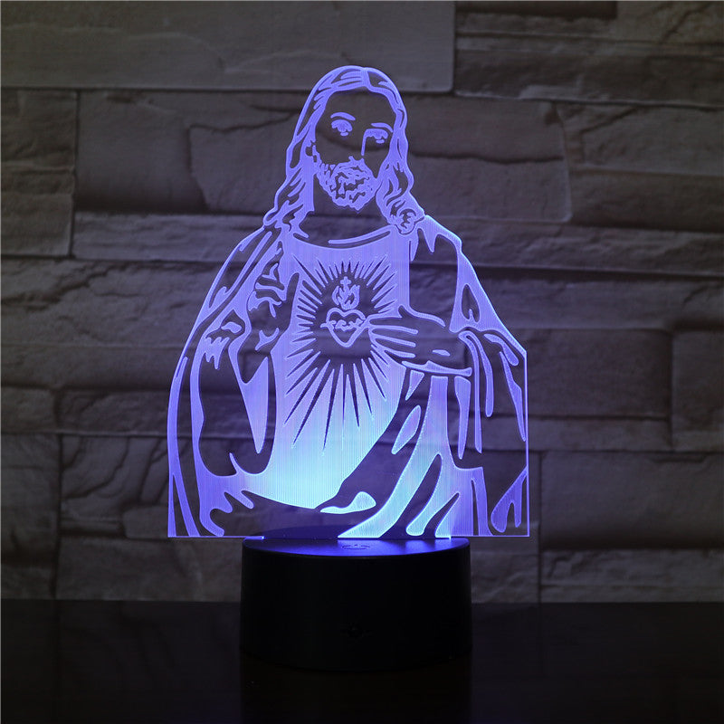 3D LED lamp with a religious figure design on a stone wall background
