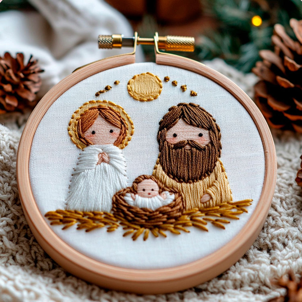 Embroidery hoop with a nativity scene design featuring three figures in a wooden frame.