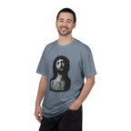 Man wearing a gray t-shirt with a graphic design on a white background